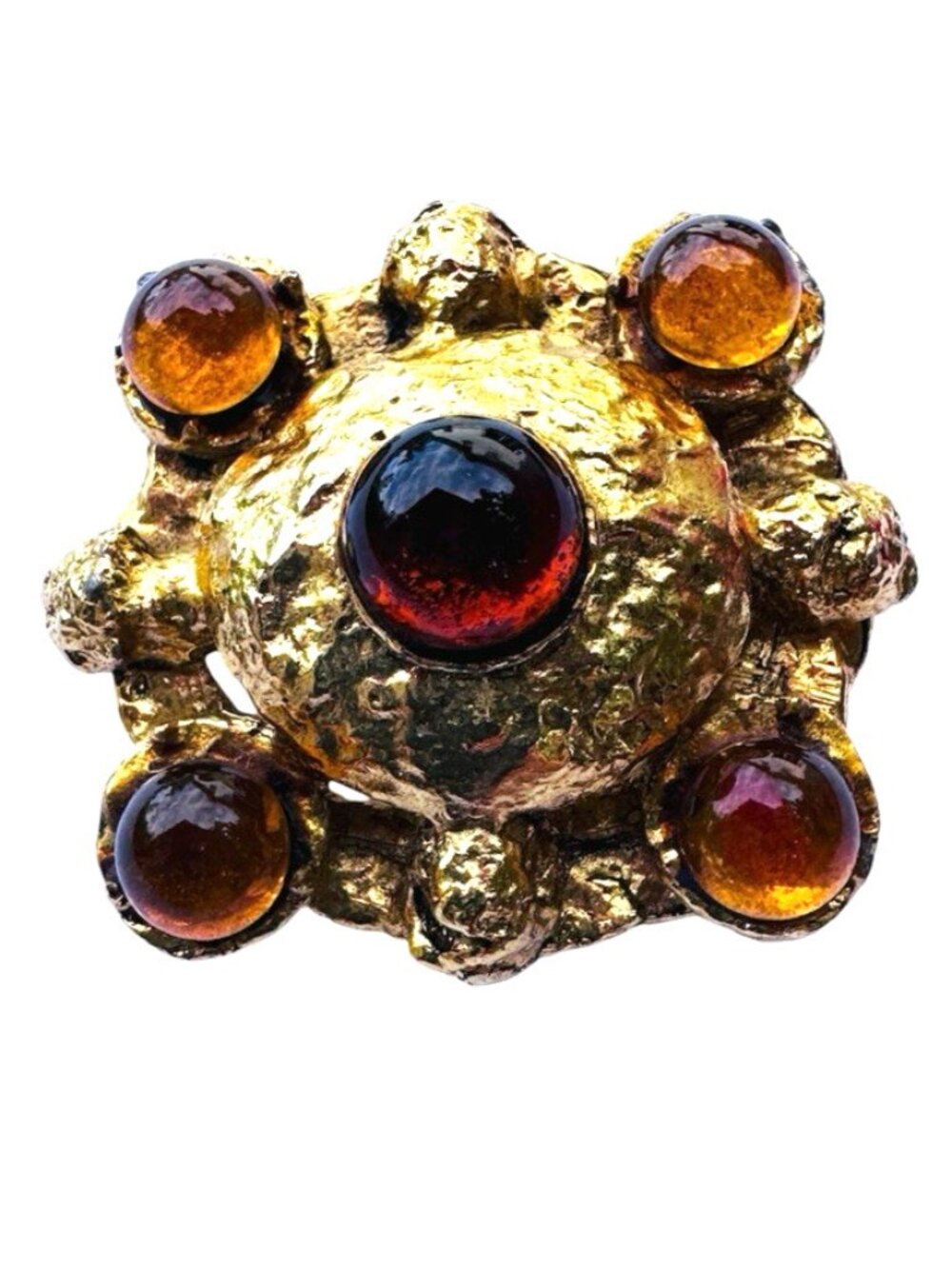 Vintage French Inspired 1" Gold Tone Gilt Metal Textured Brooch Glass Cabochons